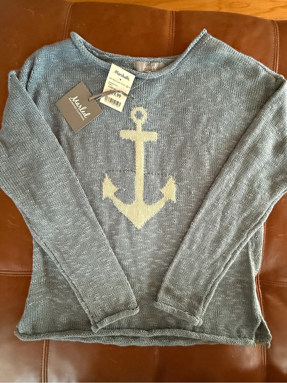 Marled Gray Crewneck Sweater with Cream Anchor